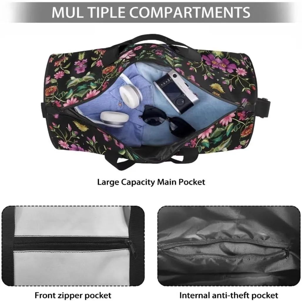 Boatee Flower Hummingbird Duffel Bag for Women Large Travel Bag Stylish Gym Bag Portable Handle Purse Lightweight Overnight Handbag Casual Travel Makeup Bags for Camp Hiking Sport Black