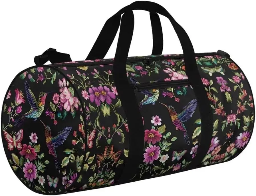 Boatee Flower Hummingbird Duffel Bag for Women Large Travel Bag Stylish Gym Bag Portable Handle Purse Lightweight Overnight Handbag Casual Travel Makeup Bags for Camp Hiking Sport Black