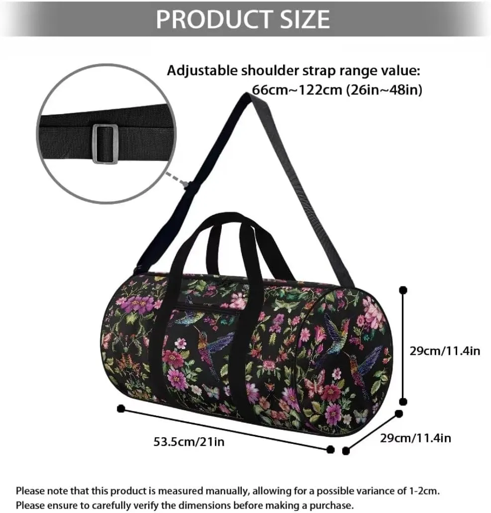 Boatee Flower Hummingbird Duffel Bag for Women Large Travel Bag Stylish Gym Bag Portable Handle Purse Lightweight Overnight Handbag Casual Travel Makeup Bags for Camp Hiking Sport Black