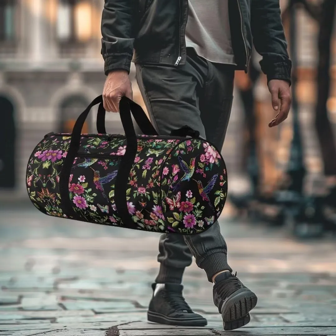 Boatee Flower Hummingbird Duffel Bag for Women Large Travel Bag Stylish Gym Bag Portable Handle Purse Lightweight Overnight Handbag Casual Travel Makeup Bags for Camp Hiking Sport Black