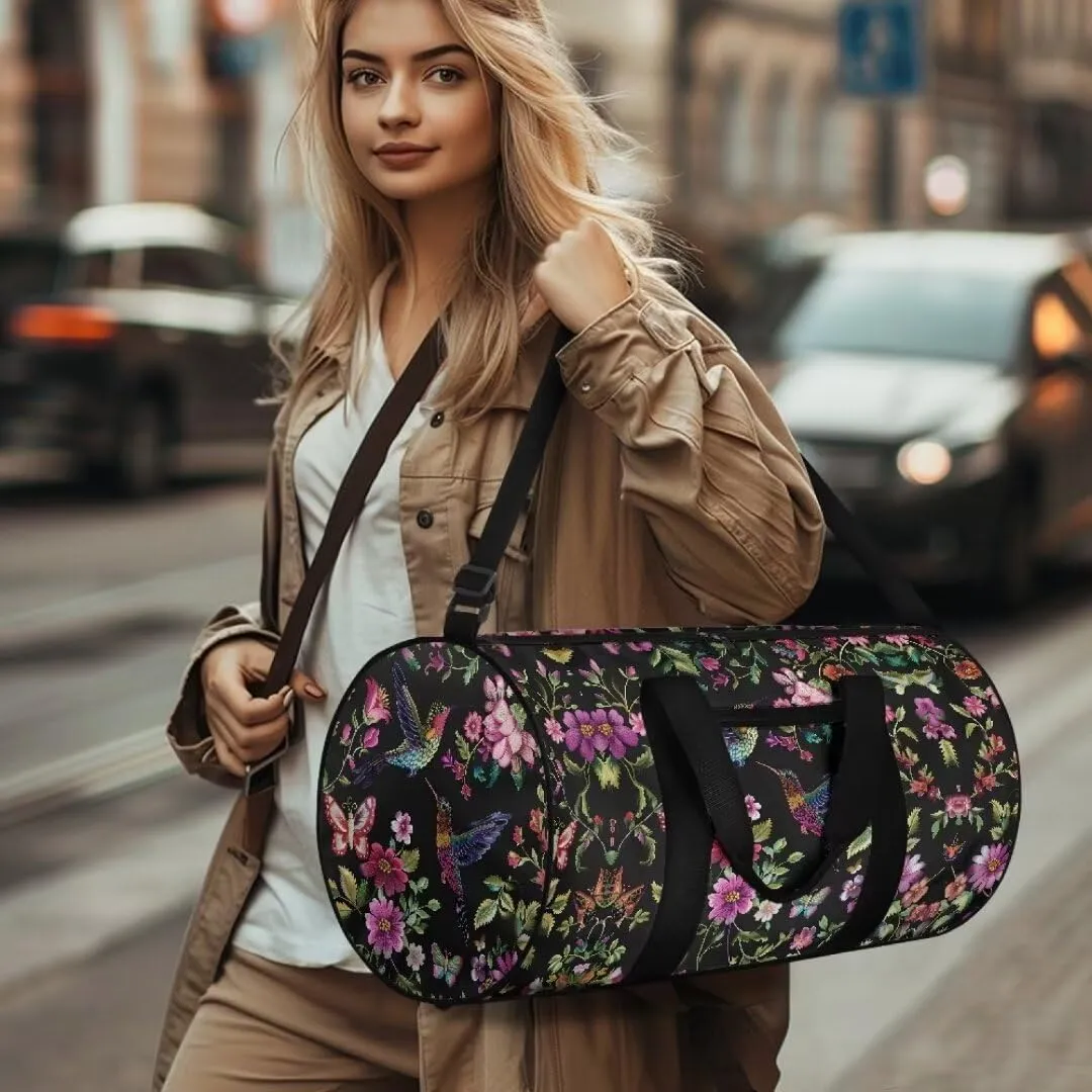 Boatee Flower Hummingbird Duffel Bag for Women Large Travel Bag Stylish Gym Bag Portable Handle Purse Lightweight Overnight Handbag Casual Travel Makeup Bags for Camp Hiking Sport Black