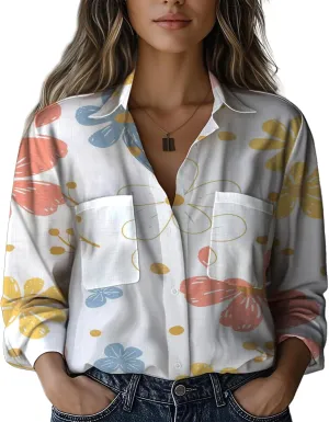 Boho Shirts for Women Hippie Stylish Floral Graphic V Neck Loose Fit Basic Comfortable Blouses with Pocket