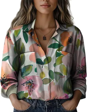 Boho Shirts for Women Hippie Stylish Floral Graphic V Neck Loose Fit Basic Comfortable Blouses with Pocket