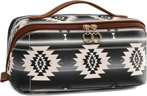 Boho Western Makeup Bag for Women Aztec Waterproof Travel Cosmetic Organizer Spacious PU Leather Toiletry Bag with Tribal Print for Everyday Use and Weekend Trips