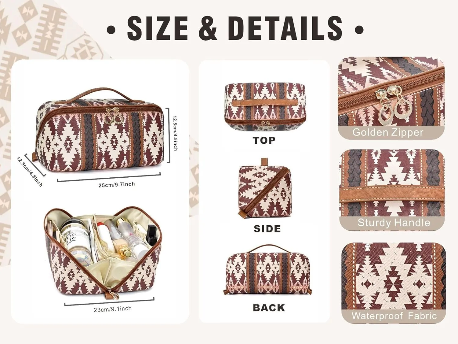 Boho Western Makeup Bag for Women Aztec Waterproof Travel Cosmetic Organizer Spacious PU Leather Toiletry Bag with Tribal Print for Everyday Use and Weekend Trips