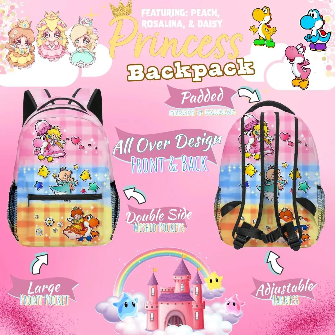 Brainy Princess Backpack 16" Cute Pink Pretty Girls Women Peach Daisy Rosalina Cartoon (Princess Pink)