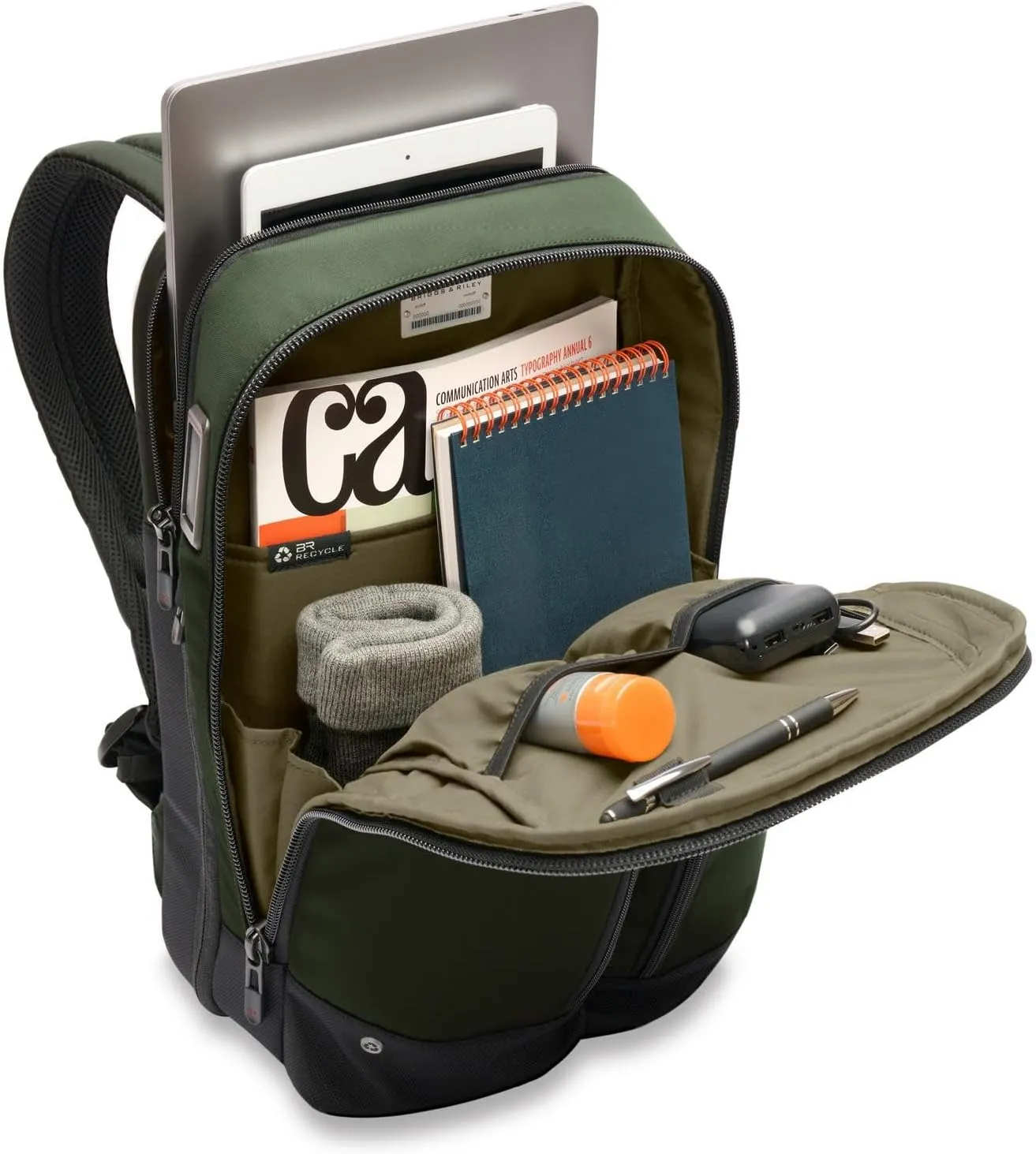 Briggs & Riley Slim Expandable Backpack - Carry On Travel Backpack for Women & Men, Personal Item Bag, Self-Repairing Zippers, Padded Straps, Fits up to 16" Laptop - HTA Collection, Forest