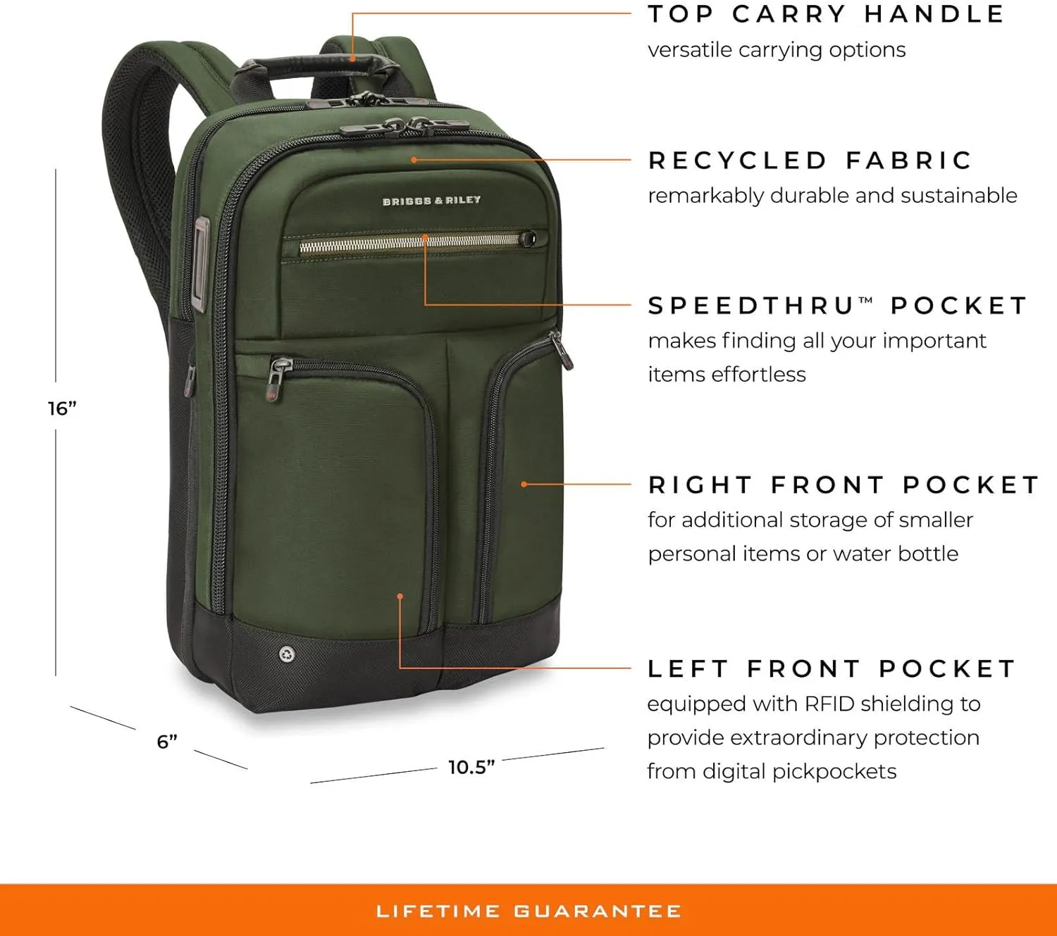 Briggs & Riley Slim Expandable Backpack - Carry On Travel Backpack for Women & Men, Personal Item Bag, Self-Repairing Zippers, Padded Straps, Fits up to 16" Laptop - HTA Collection, Forest