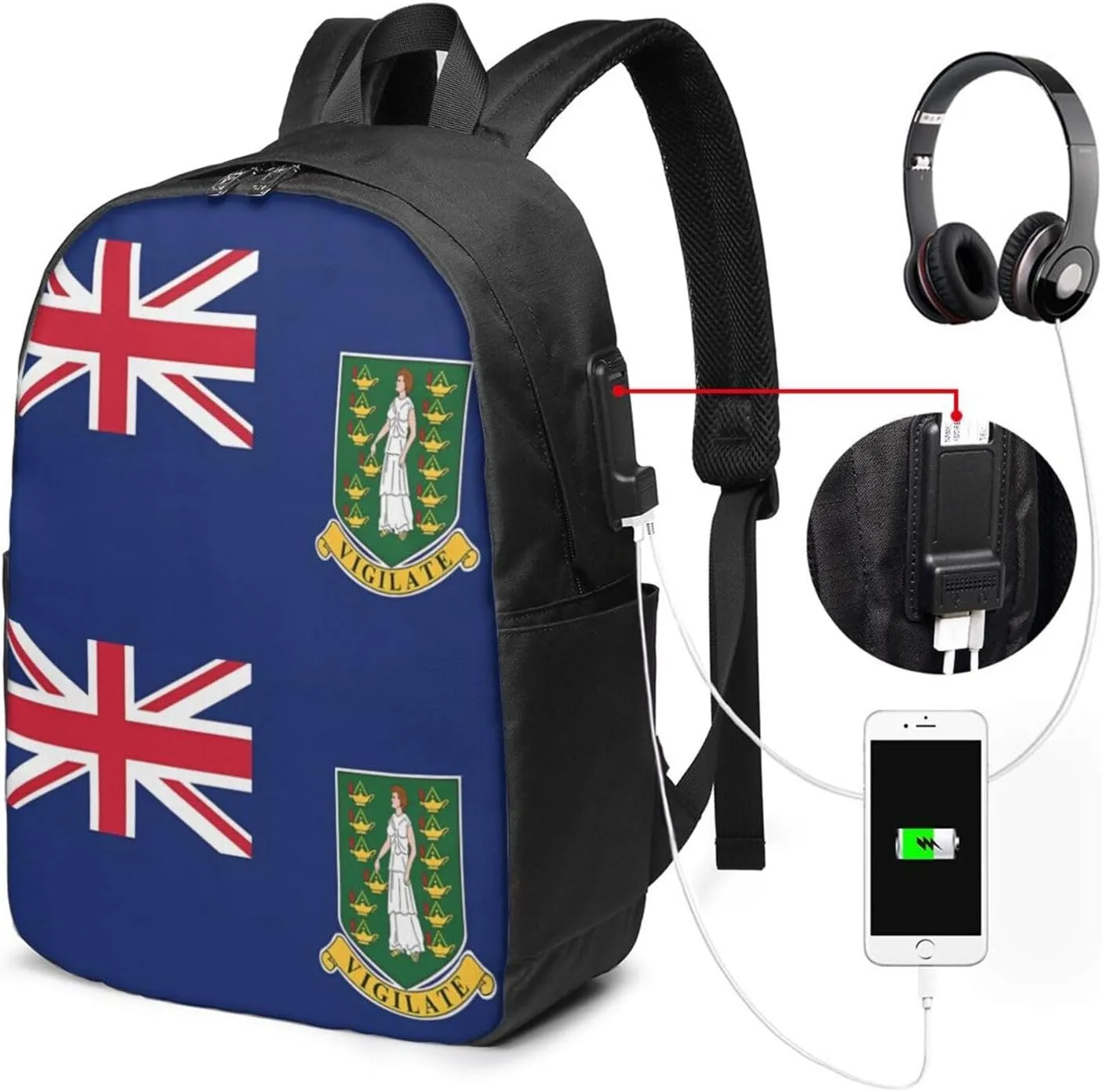 British Virgin Islands Flag Laptop Backpacks Travel Backpack Casual Business Daypack Sport Rucksack Computer Bag Fits up to 17 Inch Notebook with USB Port