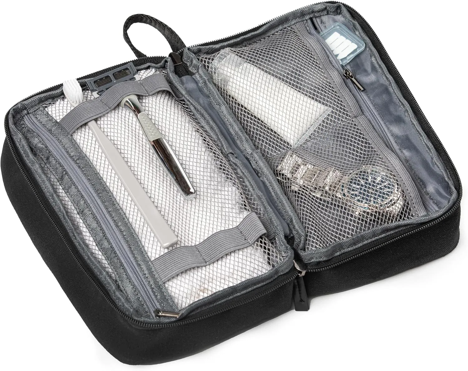 Brookstone Travel Toiletry Bag - Compact Cosmetic Organizer & Dopp Kit for Toiletries, Makeup, Grooming Essentials & Hygiene Kit, Splitpack Black