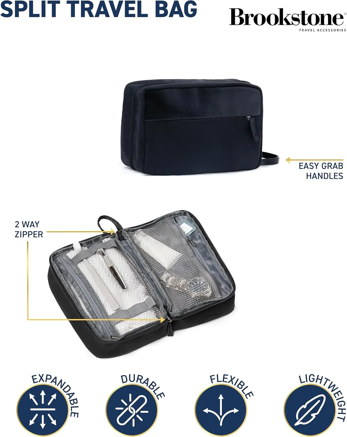 Brookstone Travel Toiletry Bag - Compact Cosmetic Organizer & Dopp Kit for Toiletries, Makeup, Grooming Essentials & Hygiene Kit, Splitpack Black