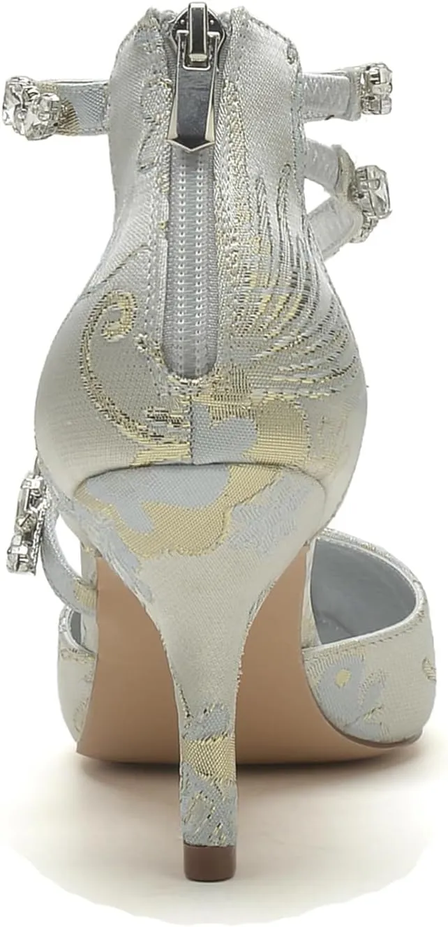 Buckle Bridal Silk Wedding Shoes Women Satin Pumps Pointed Toe High Heel Rhinestone Prom Shoes