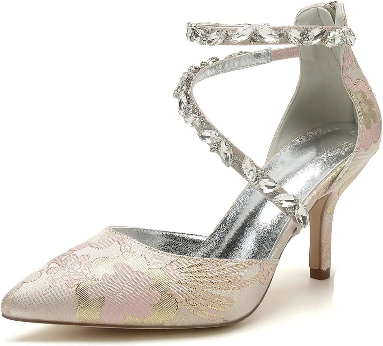 Buckle Bridal Silk Wedding Shoes Women Satin Pumps Pointed Toe High Heel Rhinestone Prom Shoes