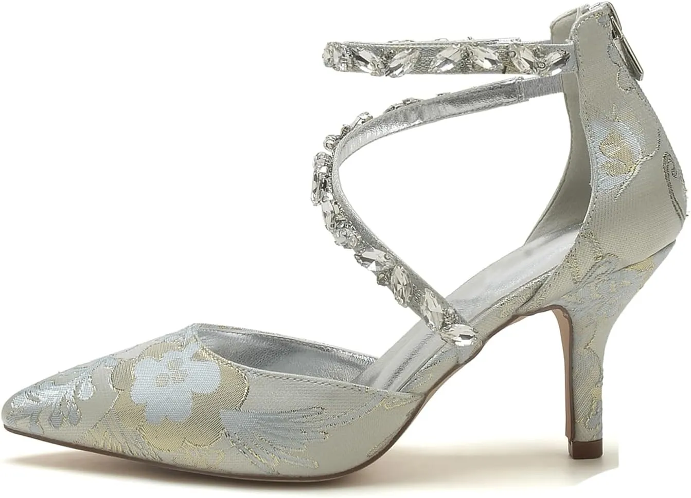 Buckle Bridal Silk Wedding Shoes Women Satin Pumps Pointed Toe High Heel Rhinestone Prom Shoes