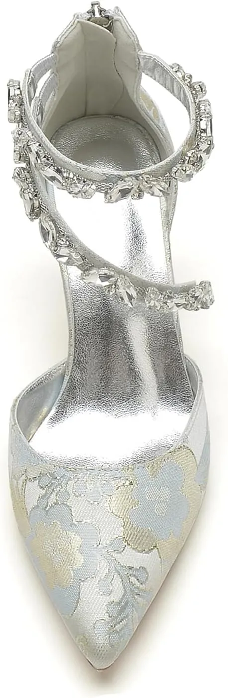 Buckle Bridal Silk Wedding Shoes Women Satin Pumps Pointed Toe High Heel Rhinestone Prom Shoes