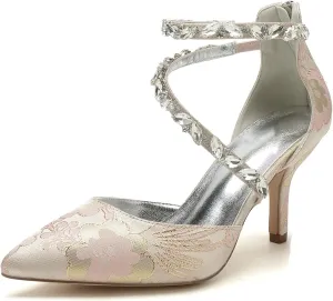Buckle Bridal Silk Wedding Shoes Women Satin Pumps Pointed Toe High Heel Rhinestone Prom Shoes