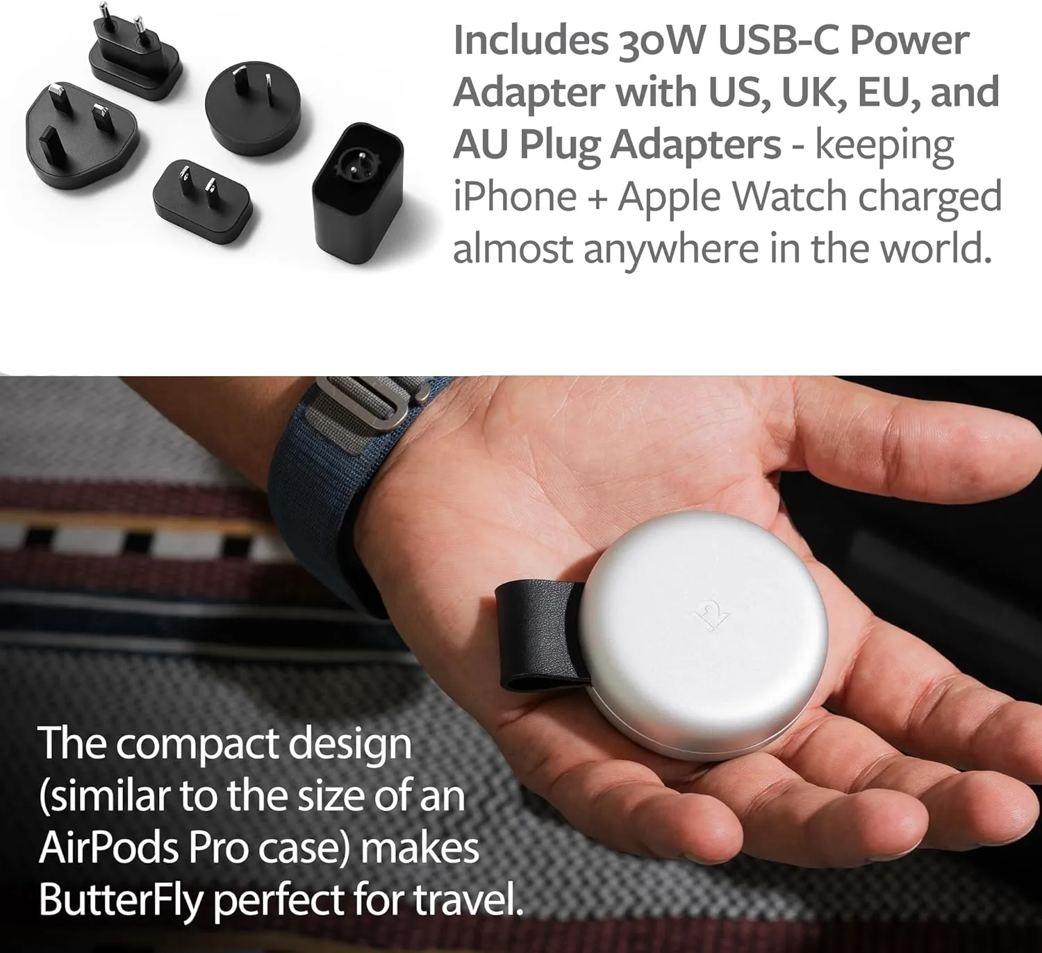 Butterfly 2-in-1 Compact Foldable Wireless Charger with Travel Adapter, 15W MagSafe Duo Charging for iPhone, Airpods, and Apple Watch