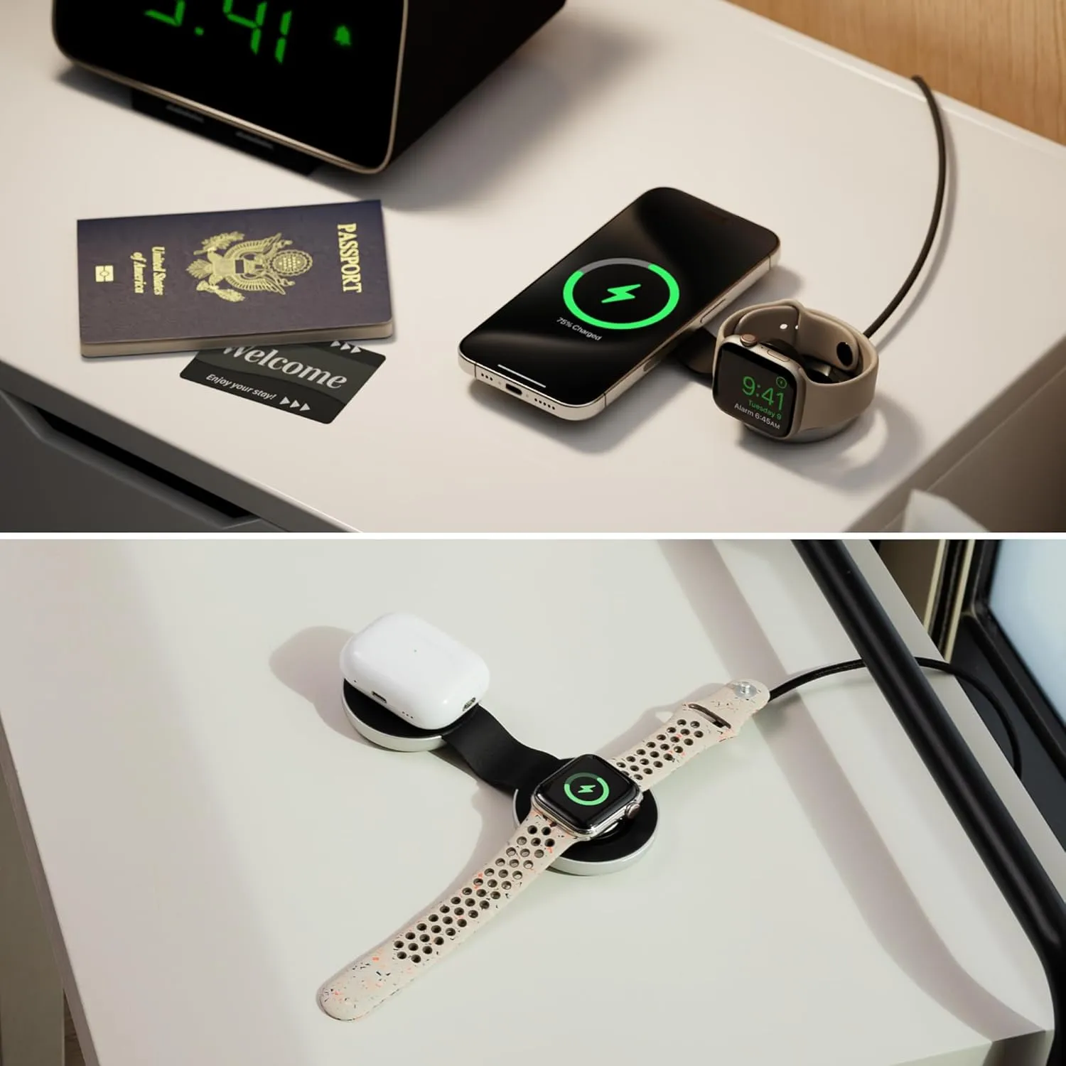 Butterfly 2-in-1 Compact Foldable Wireless Charger with Travel Adapter, 15W MagSafe Duo Charging for iPhone, Airpods, and Apple Watch
