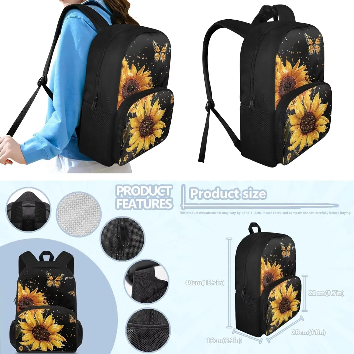 Butterfly Backpacks for Kids for School Sunflower Kids Travel Bags Sets Backpacks for High School Students Pencil Box for Kids Girl Book Bags for Kids and Rectangle Lunch Boxes