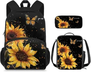 Butterfly Backpacks for Kids for School Sunflower Kids Travel Bags Sets Backpacks for High School Students Pencil Box for Kids Girl Book Bags for Kids and Rectangle Lunch Boxes