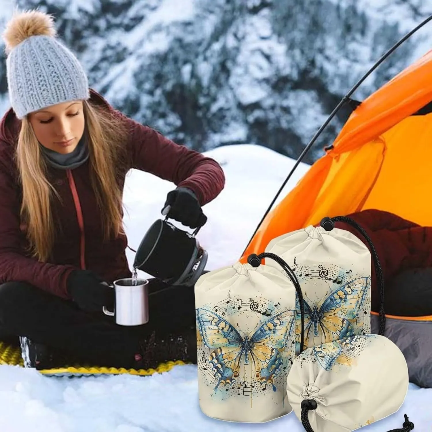 Butterfly Beige Stuff Sack Portable Draw String Bag Water Resistant Camping Storage Bag for Outdoor Camping Hiking and Travelling Set of 3