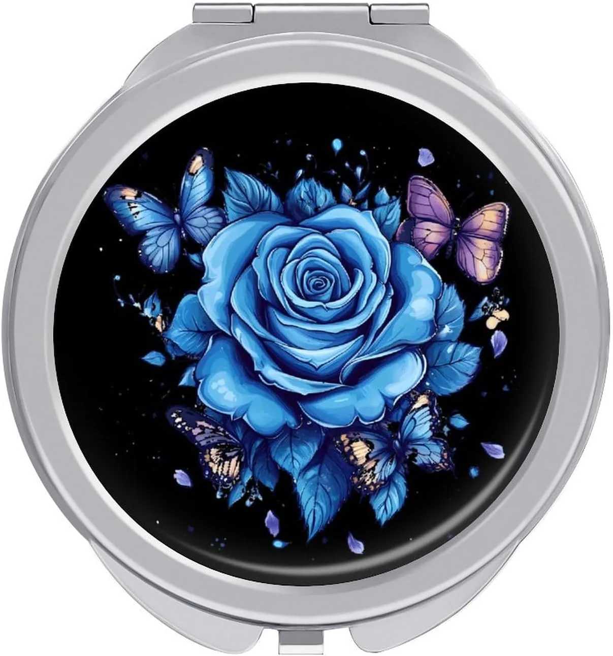 Butterfly Blue Roses Flowers Compact Makeup Mirror Mini Foldable Cosmetic Mirror Portable Travel Mirror for Purse Pocket