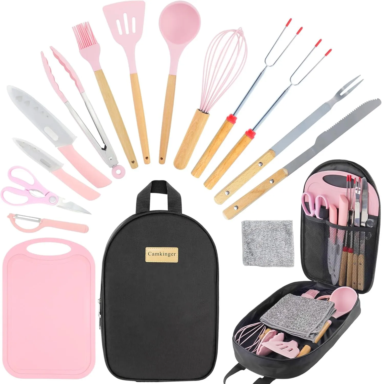 Camping Accessories Kitchen Cooking Utensils Set - Portable Outdoor Camp Cookware Set, Silicone Camper Essentials Gear Must Have Supplies for Travel RV BBQ Grill Picnic Hiking