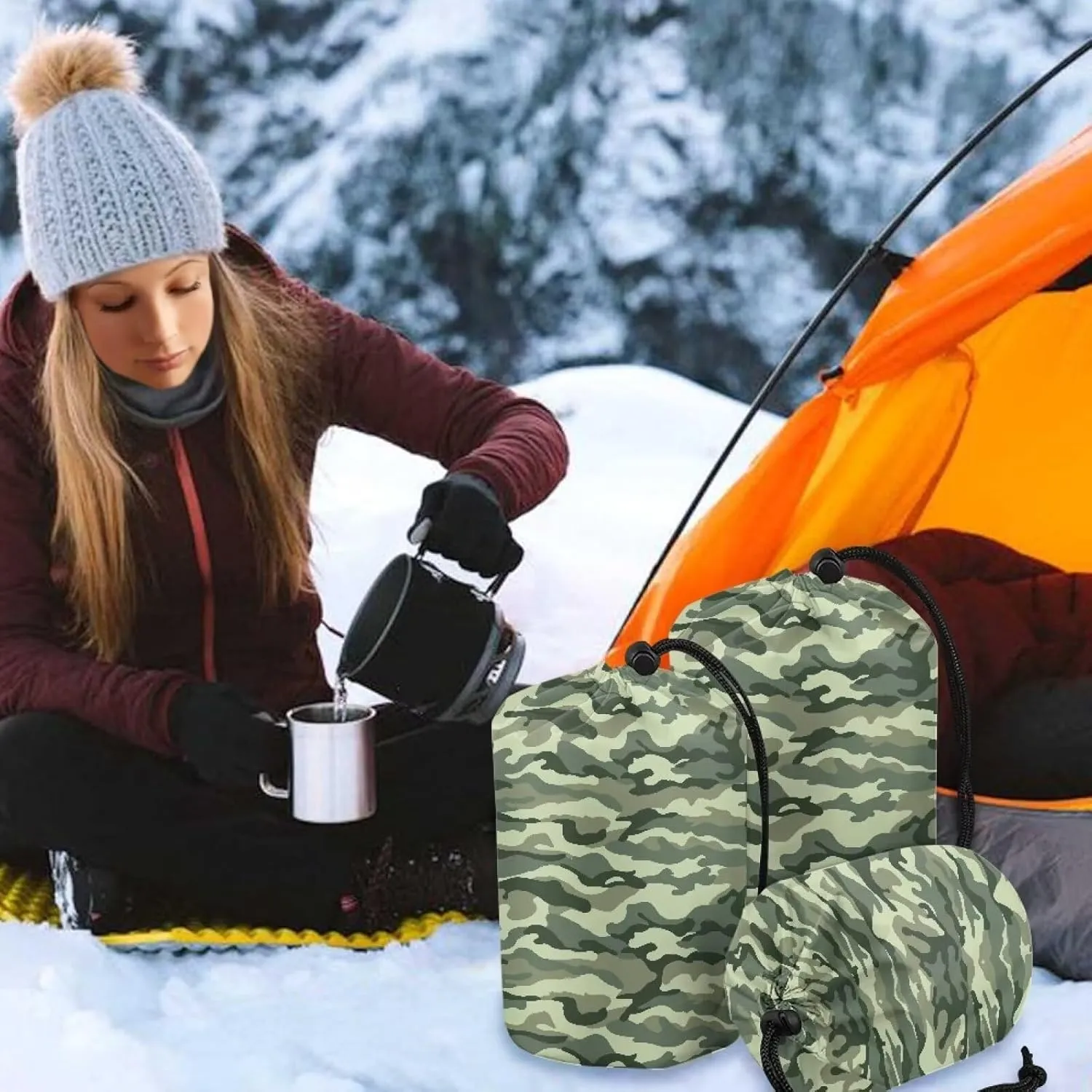 Camping Bag Camouflage Print Sleeping Bag Stuff Sack Portable Waterproof Bags for Camping for Outdoor Products Foldable Lightweight Set of 3