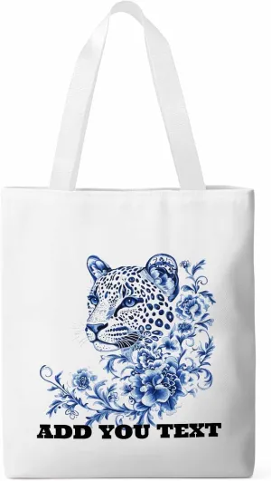 Canvas Bag Leopard Blue and White Porcelain Canvas Grocery Bag with Long Shoulder Strap Foldable, Washable Shopping Bags Reusable White Shoulder Bag for Women 14x16 inch