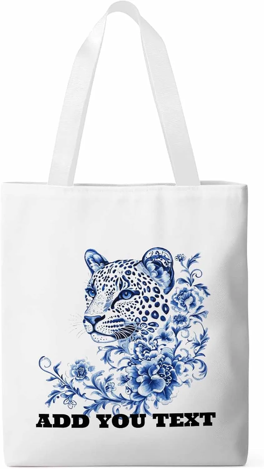 Canvas Bag Leopard Blue and White Porcelain Canvas Grocery Bag with Long Shoulder Strap Foldable, Washable Shopping Bags Reusable White Shoulder Bag for Women 14x16 inch