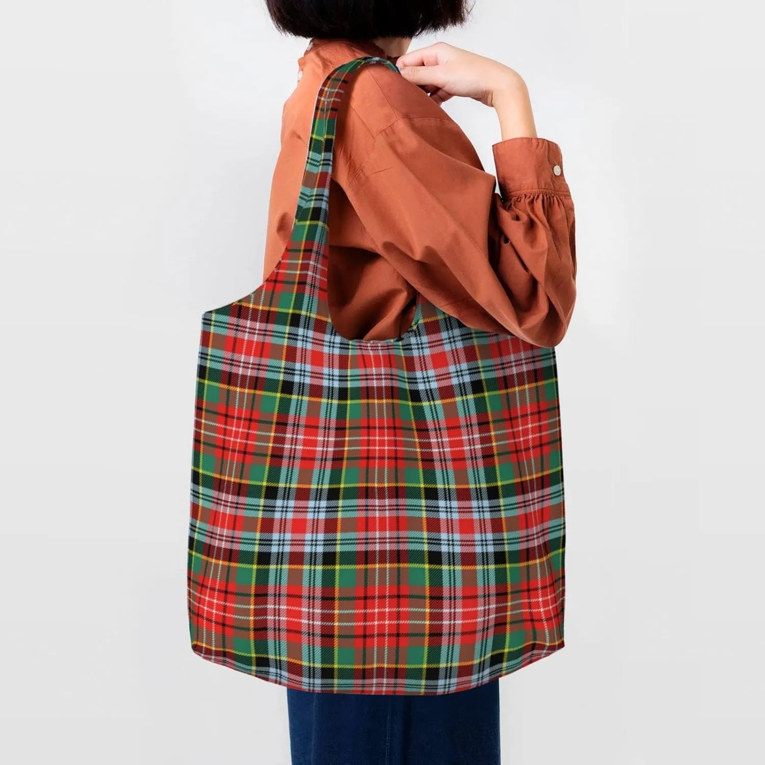 Canvas Shoulder Tote Bags For Women And Men, Reusable Grocery Bags, Large Capacity Carmichael Modern Tartan Printed