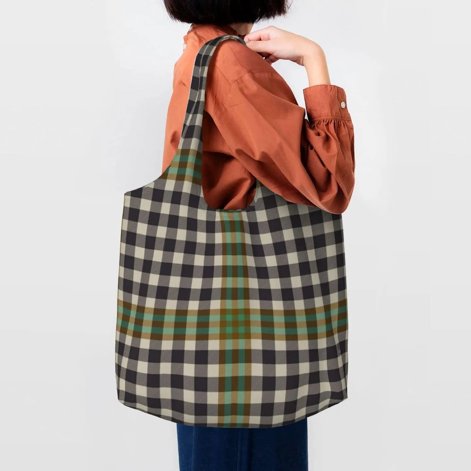 Canvas Shoulder Tote Bags For Women And Men, Reusable Grocery Bags, Large Capacity Carmichael Modern Tartan Printed
