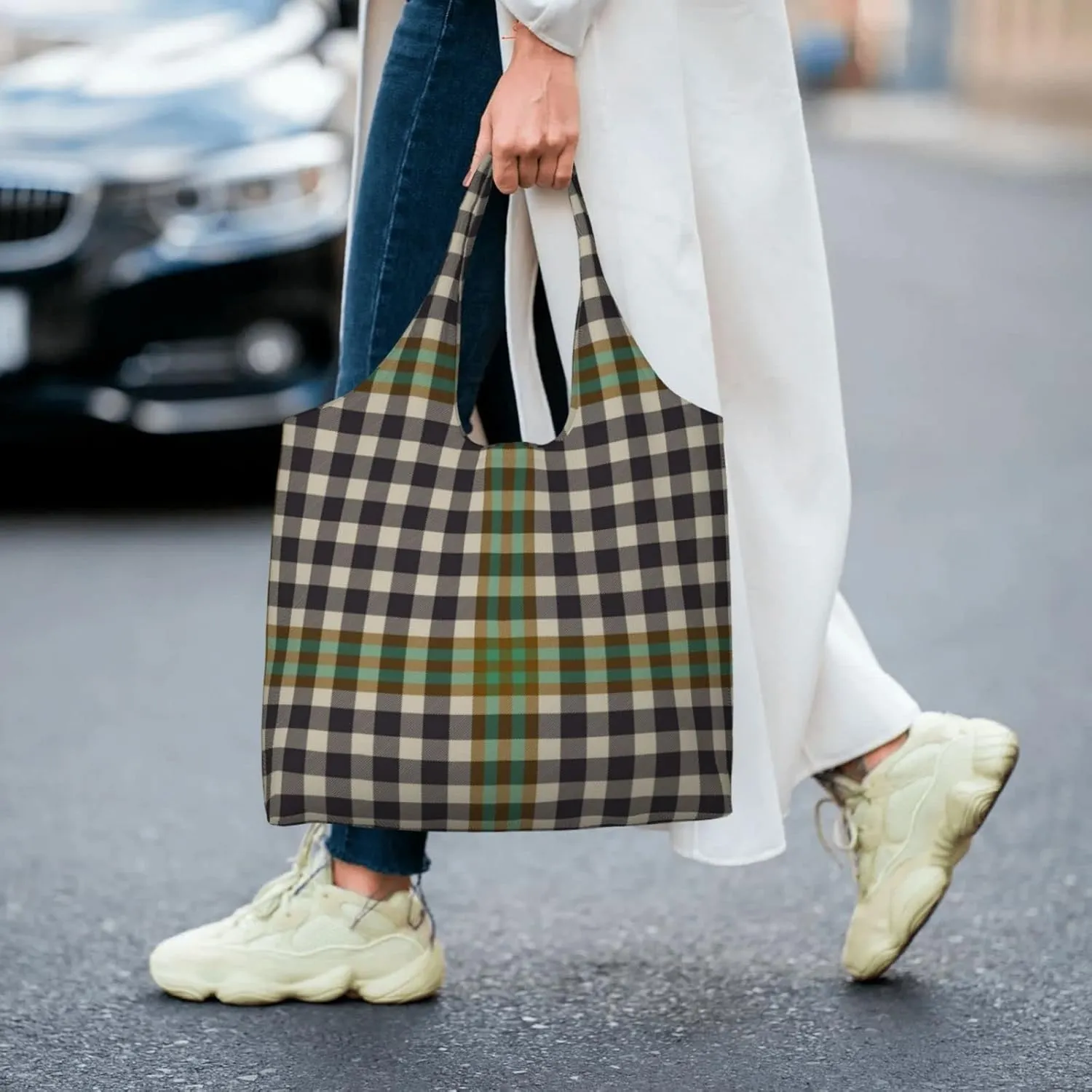 Canvas Shoulder Tote Bags For Women And Men, Reusable Grocery Bags, Large Capacity Carmichael Modern Tartan Printed