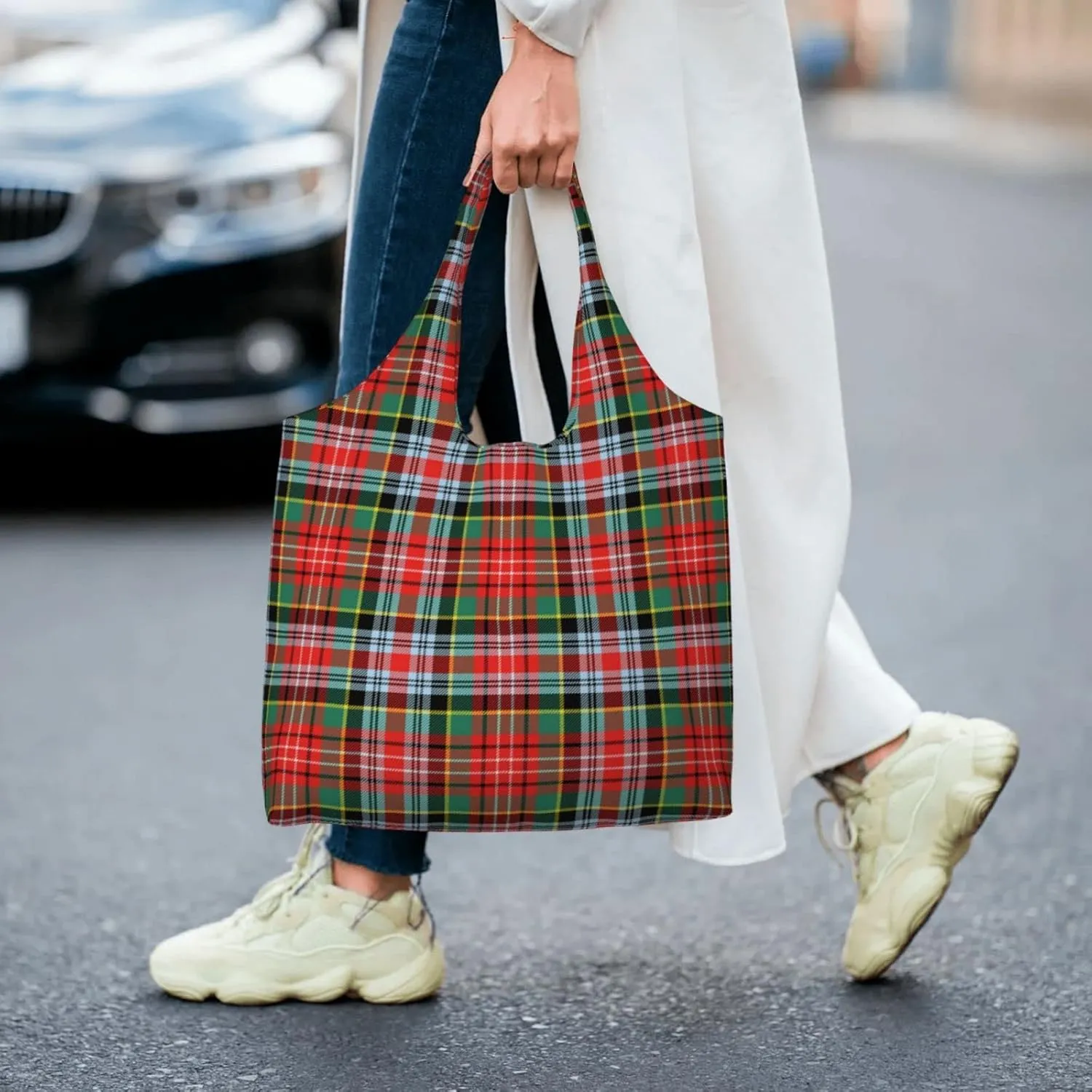 Canvas Shoulder Tote Bags For Women And Men, Reusable Grocery Bags, Large Capacity Carmichael Modern Tartan Printed