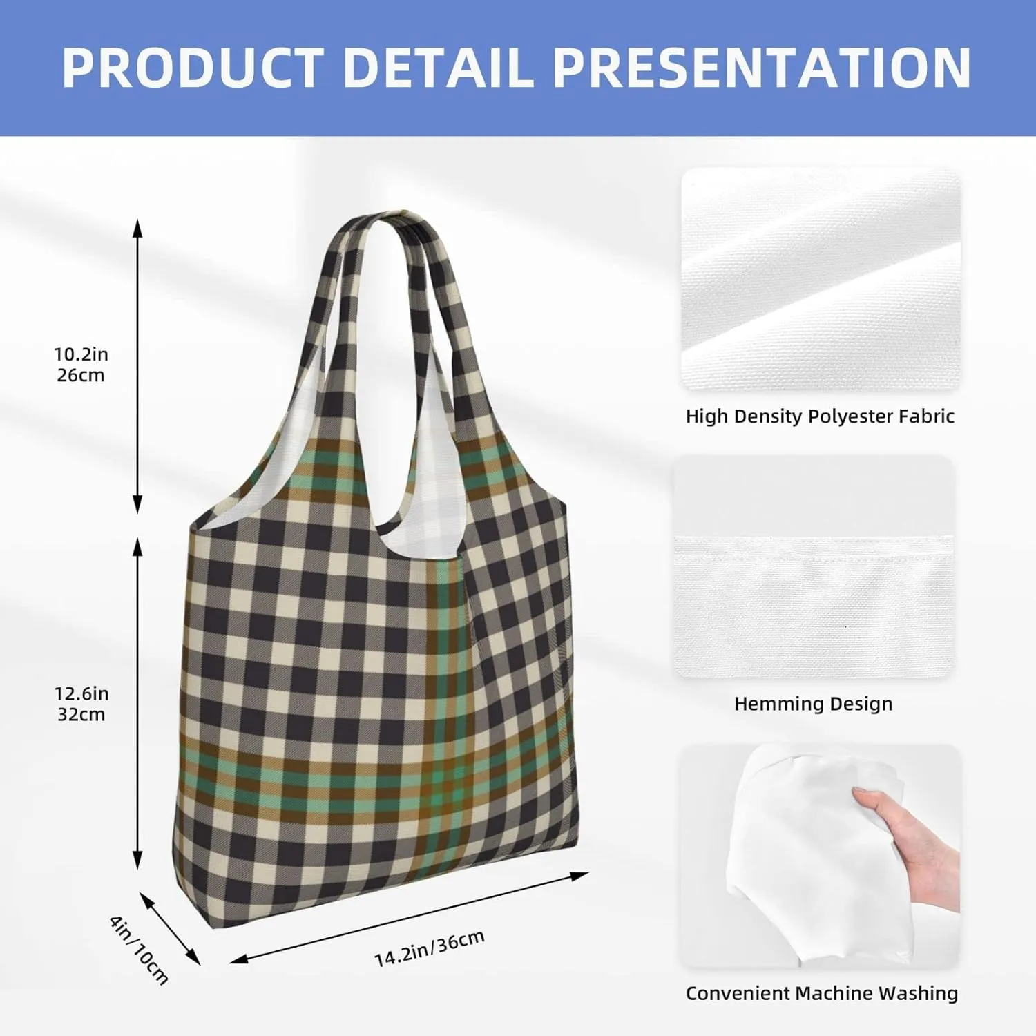Canvas Shoulder Tote Bags For Women And Men, Reusable Grocery Bags, Large Capacity Carmichael Modern Tartan Printed