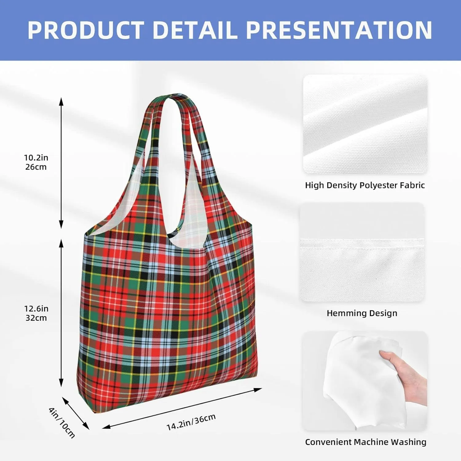 Canvas Shoulder Tote Bags For Women And Men, Reusable Grocery Bags, Large Capacity Carmichael Modern Tartan Printed