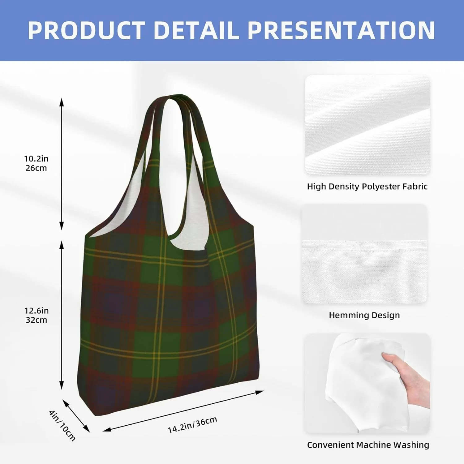 Canvas Shoulder Tote Bags For Women And Men, Reusable Grocery Bags, Large Capacity Urquhart Ancient Tartan Printed