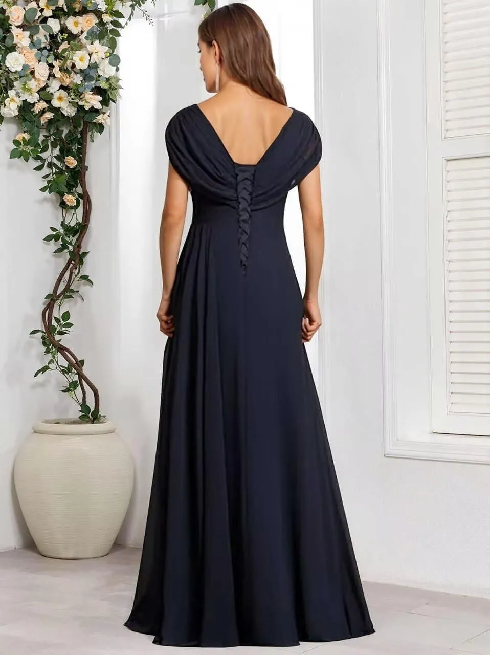 Cap Sleeve Mother of The Bride Dresses Chiffon V Neck Ruffles Beaded A Line Long Formal Wedding Guest Dress