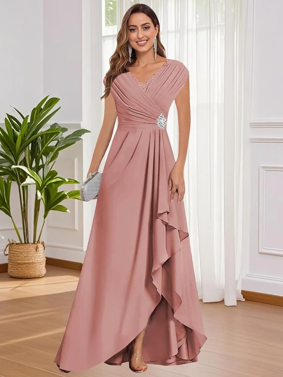 Cap Sleeve Mother of The Bride Dresses Chiffon V Neck Ruffles Beaded A Line Long Formal Wedding Guest Dress