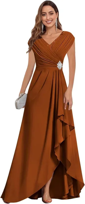 Cap Sleeve Mother of The Bride Dresses Chiffon V Neck Ruffles Beaded A Line Long Formal Wedding Guest Dress