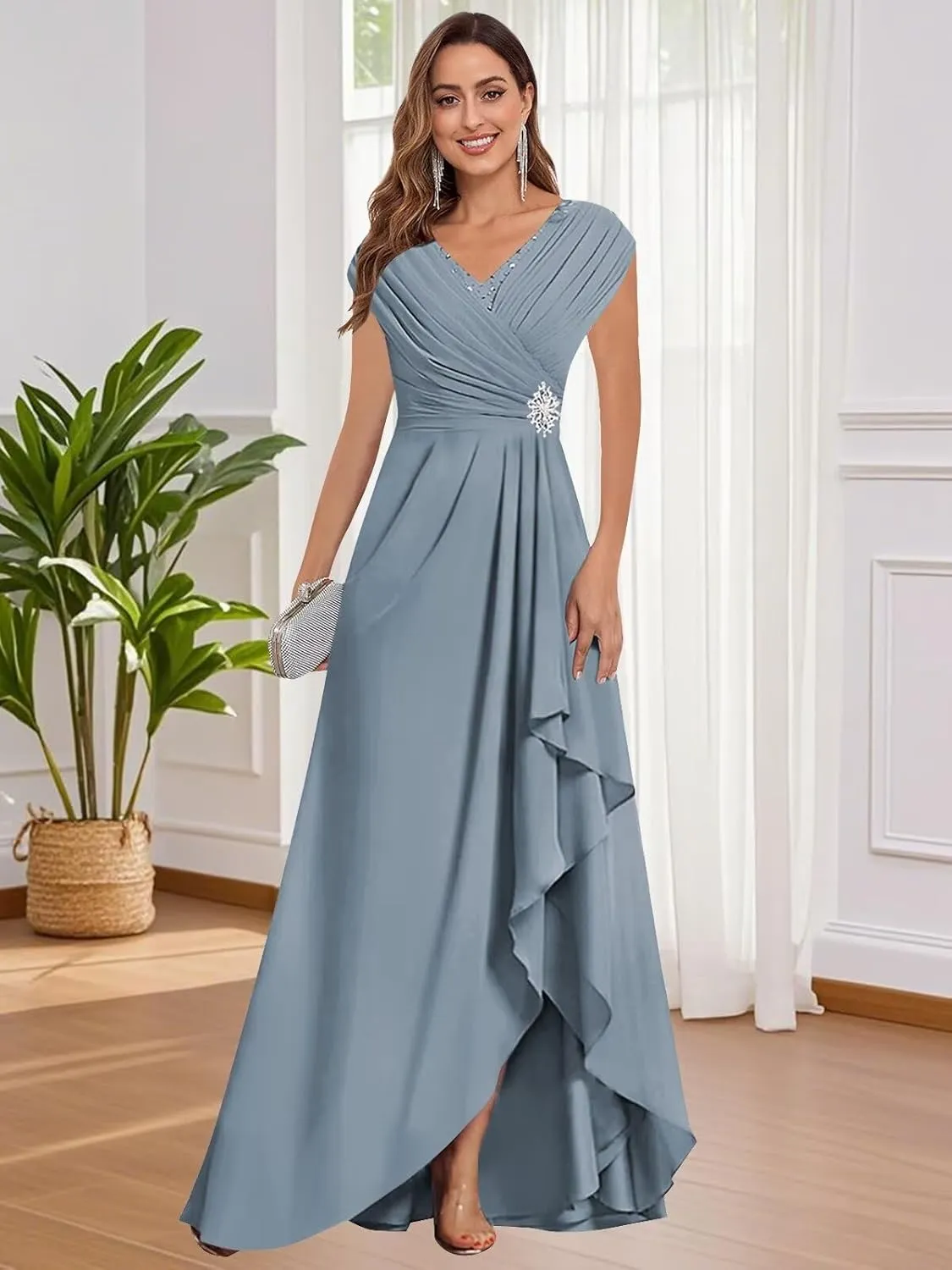 Cap Sleeve Mother of The Bride Dresses Chiffon V Neck Ruffles Beaded A Line Long Formal Wedding Guest Dress