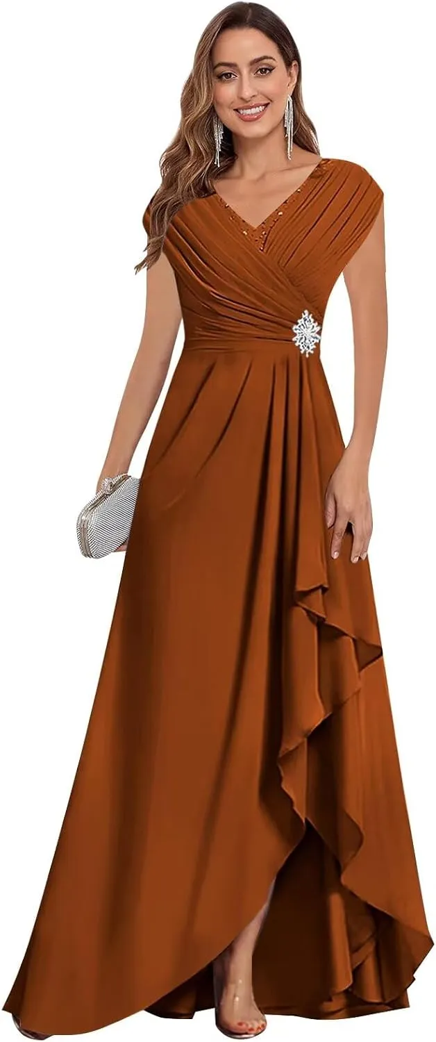 Cap Sleeve Mother of The Bride Dresses Chiffon V Neck Ruffles Beaded A Line Long Formal Wedding Guest Dress