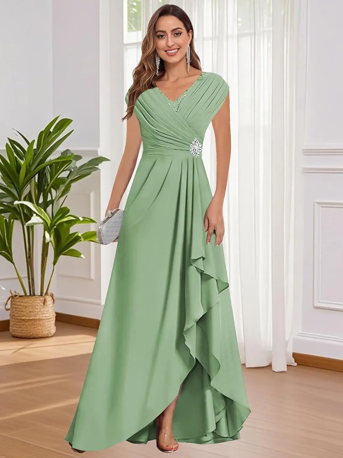 Cap Sleeve Mother of The Bride Dresses Chiffon V Neck Ruffles Beaded A Line Long Formal Wedding Guest Dress