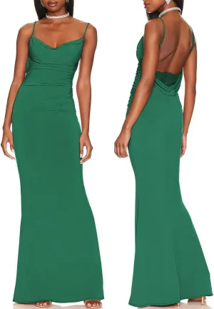 Capuffy Women Drape Neck Formal Maxi Dresses Lace Backless Cocktail Party Dress Spaghetti Straps Mermaid Evening Gown 221