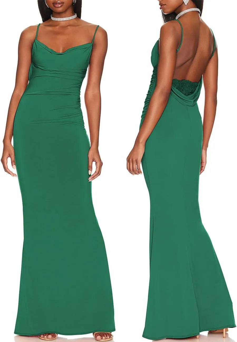 Capuffy Women Drape Neck Formal Maxi Dresses Lace Backless Cocktail Party Dress Spaghetti Straps Mermaid Evening Gown 221