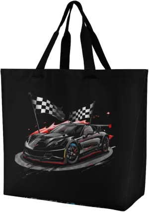 Car Racing Automobile Sport Racer Checkered Flag Reusable Shopping Bag with Shoulder Straps Portable Collapsible Grocery Tote Bags