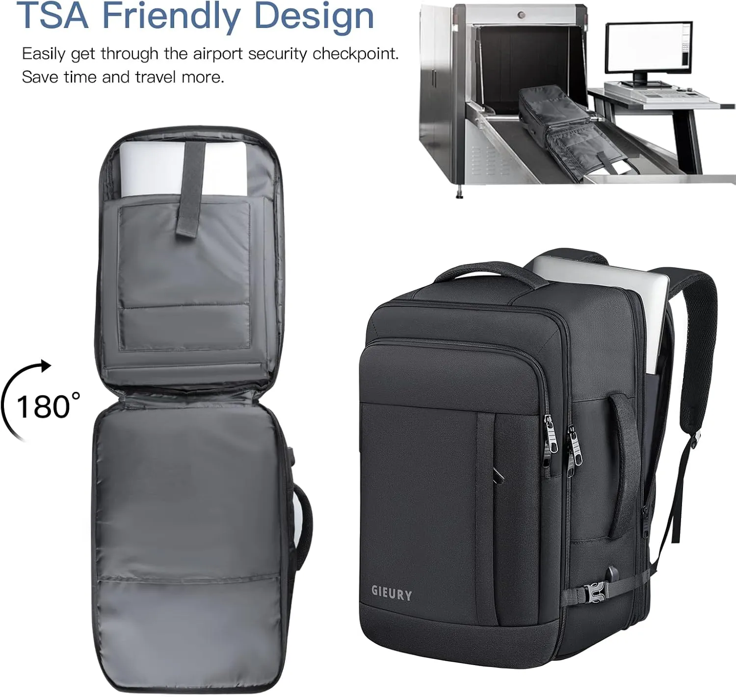 Carry On Backpack, 50L Travel Backpack, Luggage Backpack TSA Flight Approved Laptop Backpack for Men & Women, Large Expandable Bag 40L Daypack Lightweight Business Weekender Bag, Black
