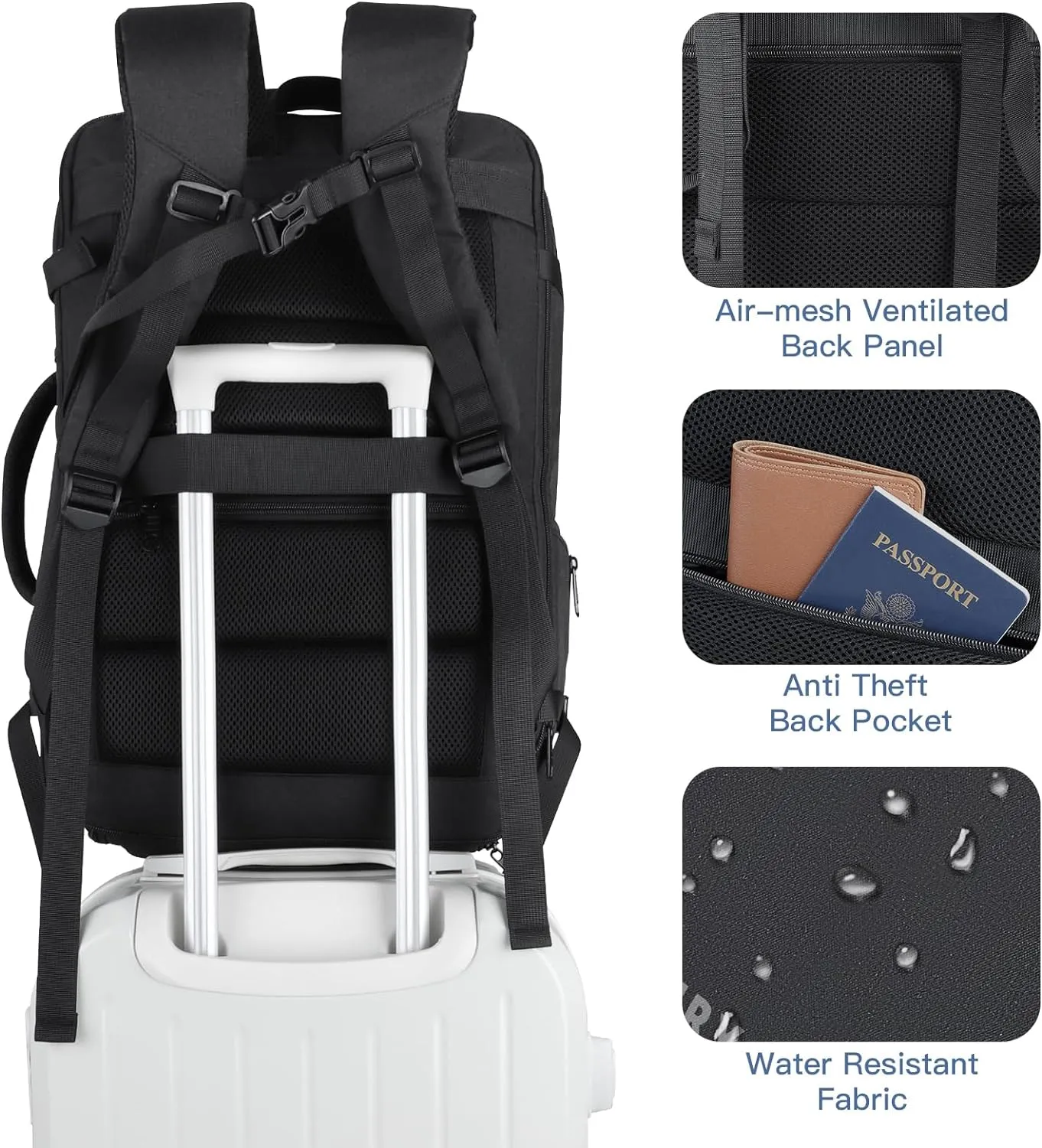Carry On Backpack, 50L Travel Backpack, Luggage Backpack TSA Flight Approved Laptop Backpack for Men & Women, Large Expandable Bag 40L Daypack Lightweight Business Weekender Bag, Black