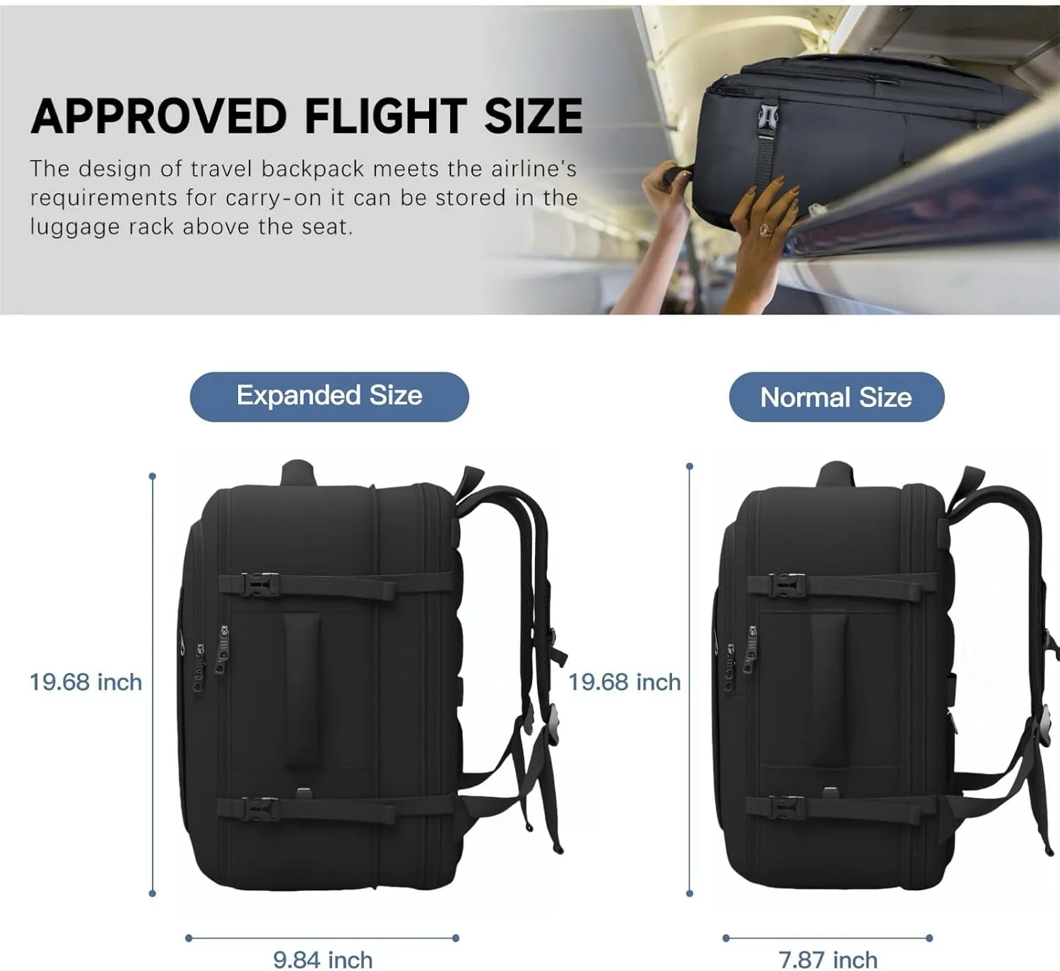 Carry On Backpack, 50L Travel Backpack, Luggage Backpack TSA Flight Approved Laptop Backpack for Men & Women, Large Expandable Bag 40L Daypack Lightweight Business Weekender Bag, Black