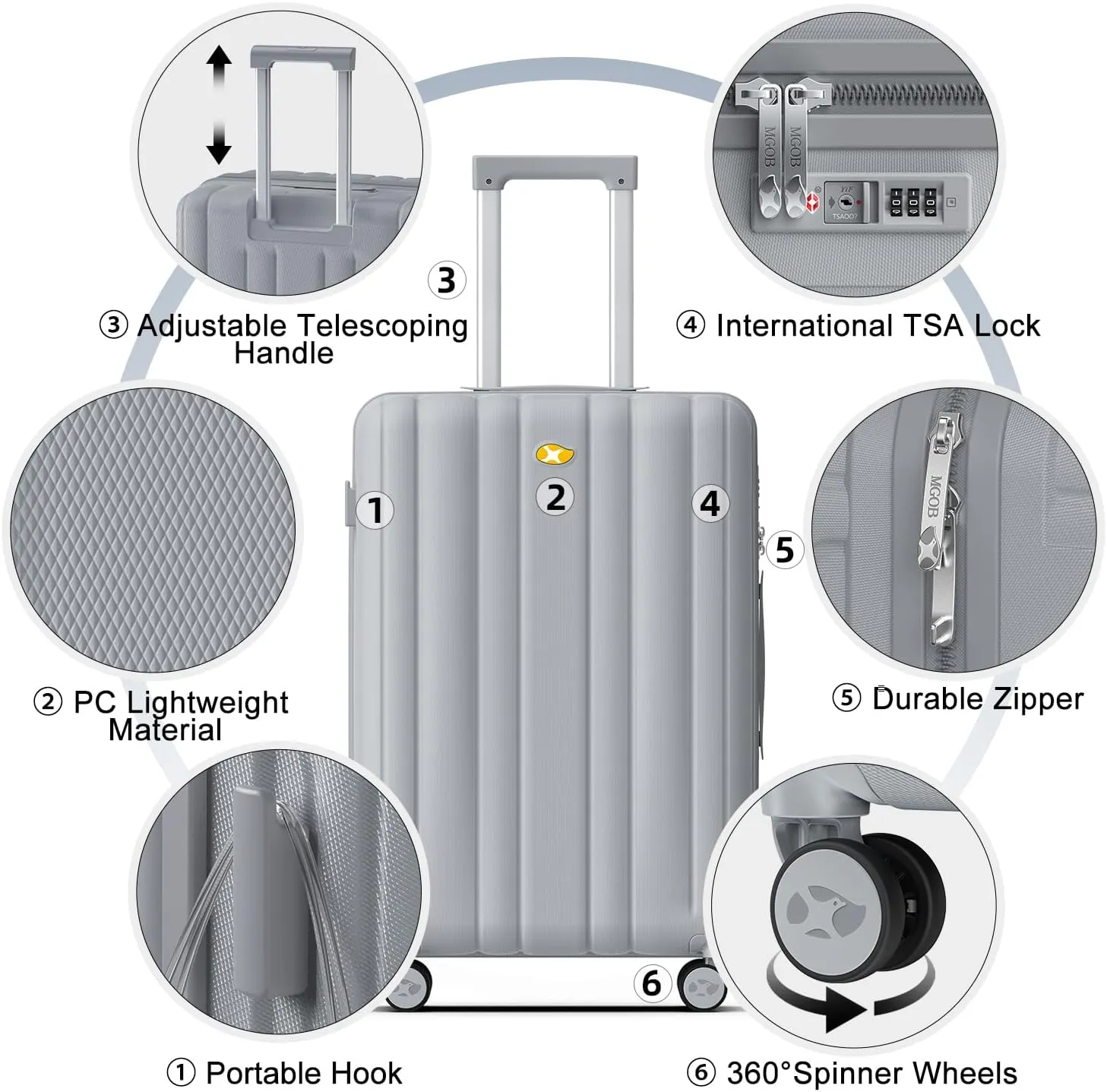 Carry On Luggage 22x14x9 Airline Approved, Hard Suitcases with Spinner Wheels, Polycarbonate Lightweight Luggage, Durable & Stylish, Built-in TSA Lock, Grey